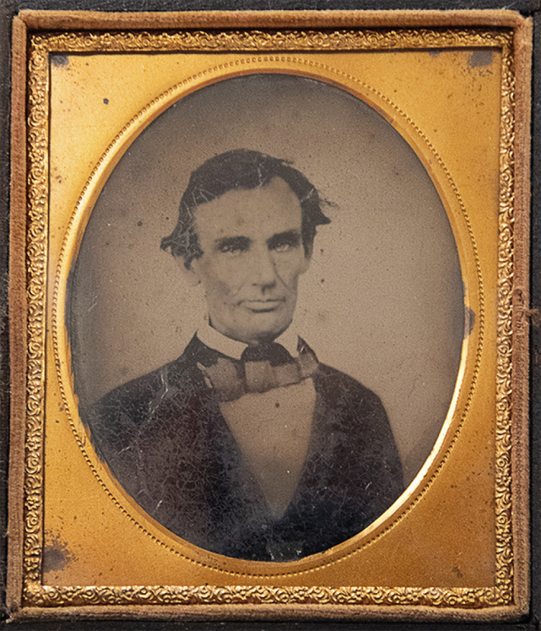 An ambrotype image of President Abraham Lincoln circa 1858. During his U.S. Senate campaign against Stephen A. Douglas, Lincoln sat for a photograph after politicking in western Illinois and presented one of the copies to a man severely injured while testing a campaign-rally cannon.