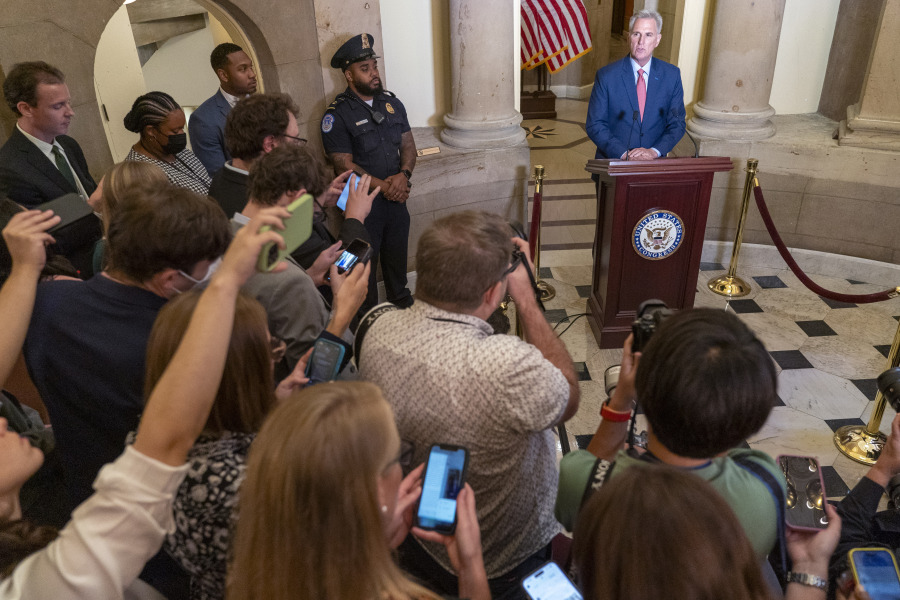 Speaker of the House Kevin McCarthy, R-Calif., speaks at the Capitol in Washington, Tuesday, Sept. 12, 2023. McCarthy says he's directing a House committee to open a formal impeachment inquiry into President Joe Biden.