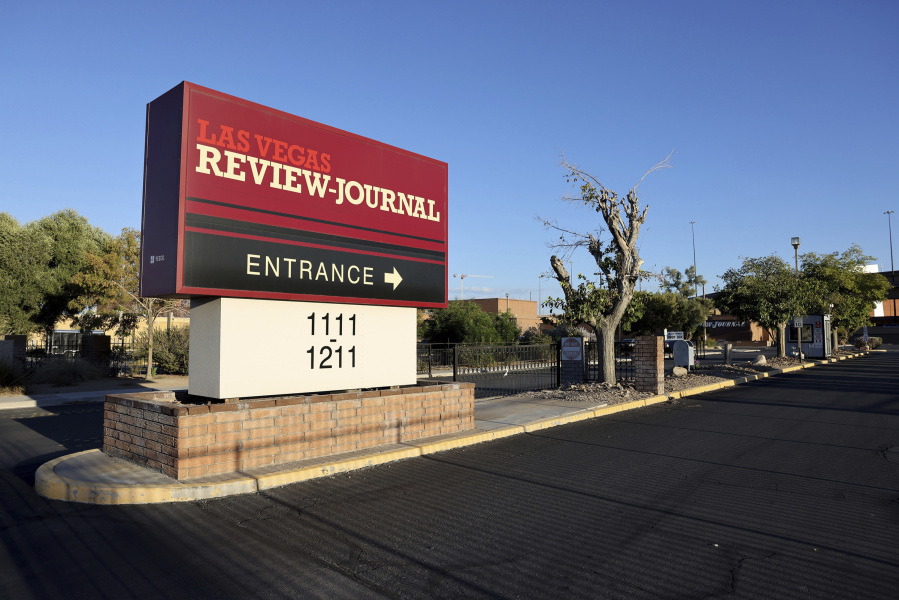 The entrance to the Las Vegas Review-Journal campus is shown in Las Vegas, Wednesday, Aug. 30, 2023. The Review-Journal is being viciously attacked, either because of a misunderstanding or willful attempt to mislead, over its coverage of an alleged murder. (K.M.