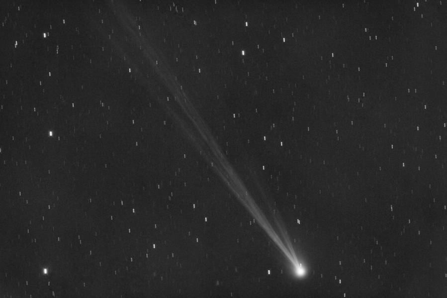 This image provided by Gianluca Masi shows the comet C/2023 P1 Nishimura and its tail seen from Manciano, Italy on Sept. 5, 2023. Stargazers across the Northern Hemisphere should catch a glimpse as soon as possible because it will be another 400 years before the wandering ice ball returns.