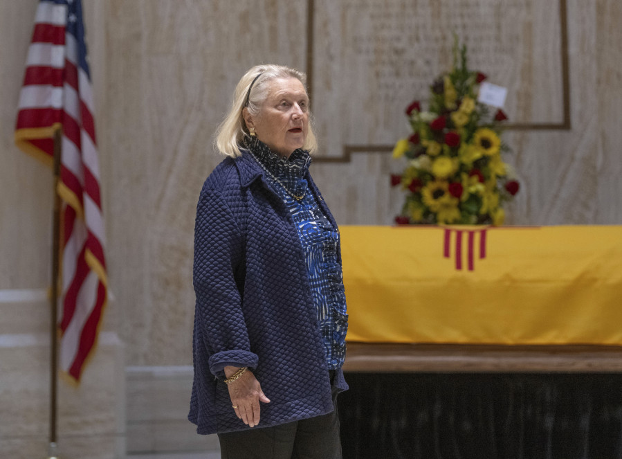 Barbara Richardson, widow of former New Mexico Gov. Bill Richardson, walks past his casket as it lies in state in the rotunda of the New Mexico Capitol building, Wednesday, Sept. 13, 2023, in Santa Fe, N.M. (AP Photo/Roberto E.