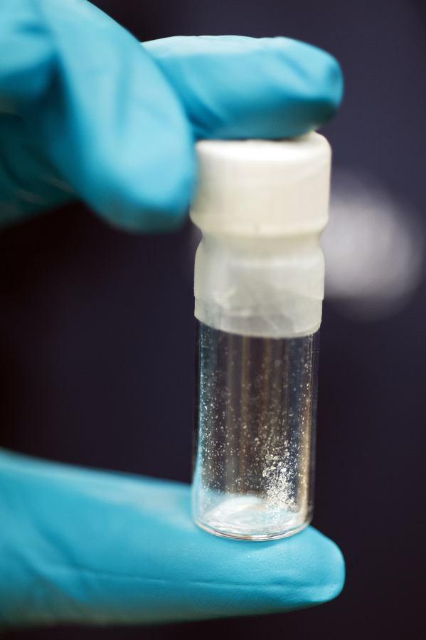 A vial containing 2mg of fentanyl, which will kill a human if ingested, is displayed at the Drug Enforcement Administration Special Testing and Research Laboratory in Sterling, Va.