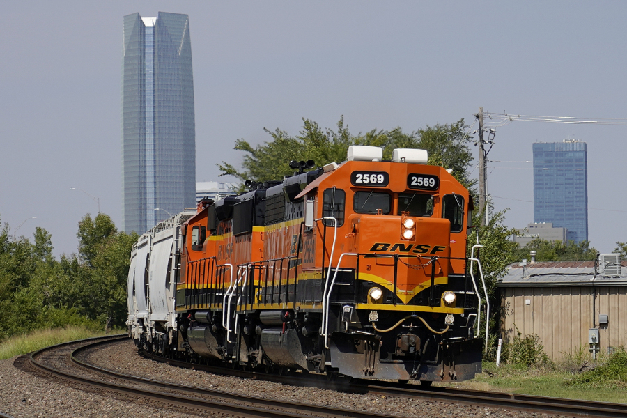 FILE - A BNSF locomotive heads south out of Oklahoma City, Sept. 14, 2022. On Thursday, Aug. 24, 2023, the major freight railroads said a disagreement over whether they will be allowed to discipline some workers who use a government hotline to report safety concerns have kept them from following through on the promise they made back in March to join the program after a fiery Ohio derailment prompted calls for reforms.