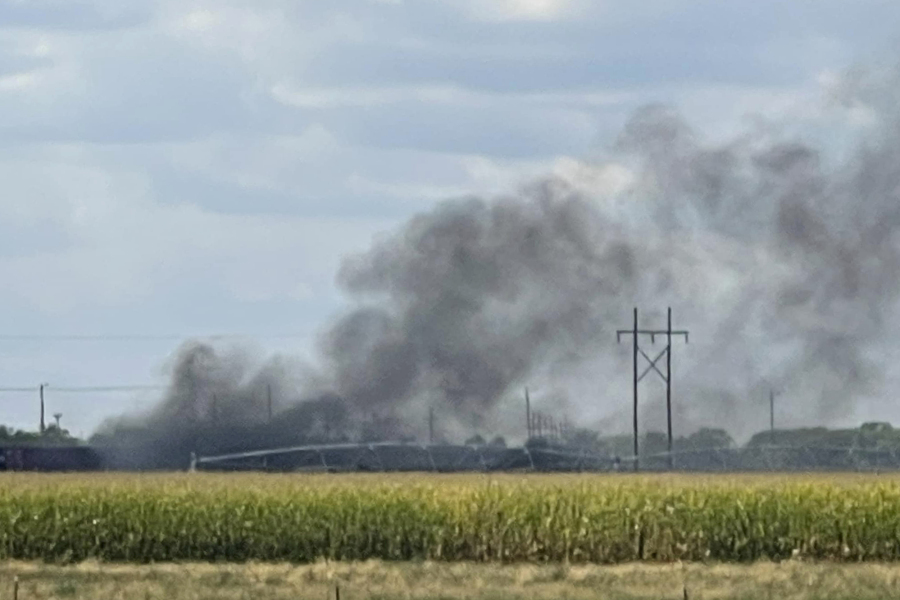 Smoke rises after an explosion at Union Pacific's Bailey Yard in North Platte, Neb., Thursday, Sept. 14, 2023. An explosion Thursday inside a shipping container generated toxic smoke and forced evacuations.