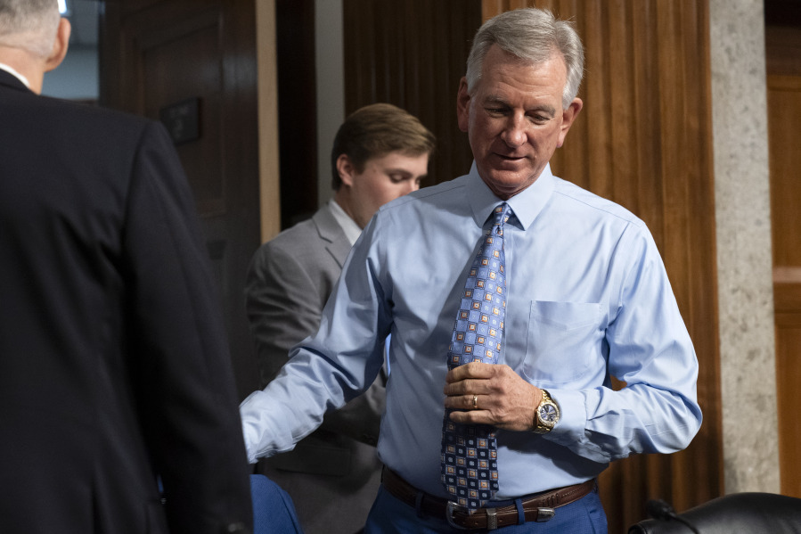 Sen. Tommy Tuberville, R-Ala., arrives for a Senate Armed Services Committee hearing on Navy Adm. Lisa Franchetti's nomination for reappointment to the grade of admiral and to be Chief of Naval Operations, Thursday, Sept. 14, 2023, on Capitol Hill in Washington.