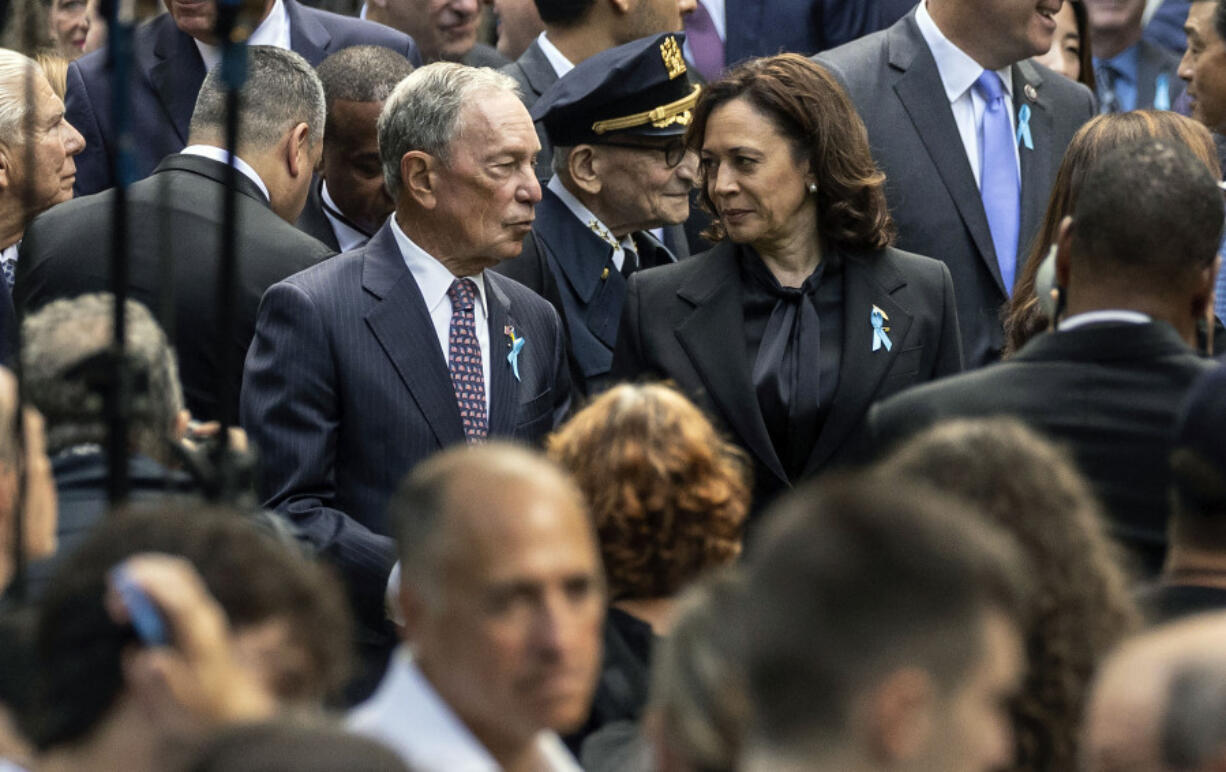 Vice President Kamala Harris and Former New York City Mayor Michael Bloomberg attend the commemoration ceremony on the 22nd anniversary of the September 11, 2001, terror attacks on Monday, Sept. 11, 2023, in New York.