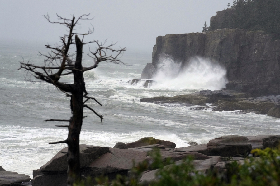 Raging surf hits Otter Point in Acadia National Park as severe weather associated with storm Lee pounds the region, Saturday, Sept. 16, 2023, in Bar Harbor, Maine. (AP Photo/Robert F.