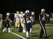 Kaden Hamlin (11) comes off the field after a defensive stop by Skyview in the Storm’s 28-0 win over Jesuit at Kiggins Bowl on Friday, Sept. 1, 2023.