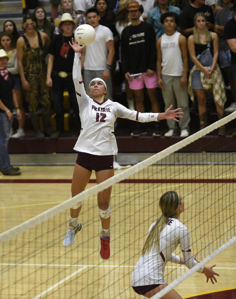 Prairie's Gracie Jacoby hits the ball over the net against Skyview during a volleyball match at Prairie High School on Thursday, Sept. 14, 2023.