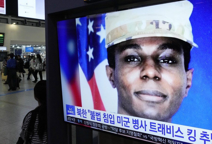 A TV screen shows a file image of American soldier Travis King during a news program at the Seoul Railway Station in Seoul, South Korea, Wednesday, Sept. 27, 2023. North Korea said Wednesday that it will expel King who crossed into the country through the heavily armed border between the Koreas in July.
