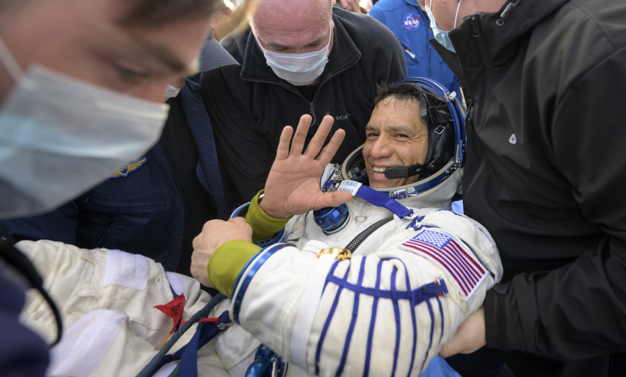NASA astronaut Frank Rubio is helped out of the Soyuz MS-23 spacecraft just minutes after he and Russian cosmonauts Sergey Prokopyev and Dmitri Petelin, landed in a remote area near the town of Zhezkazgan, Kazakhstan on Wednesday, Sept. 27, 2023.  The extended mission means that Rubio now holds the record for longest spaceflight by an American.