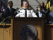 Baltimore Acting Police Commissioner Richard Worley speaks at a news conference with law enforcement and city officials about the arrest of Jason Dean Billingsley on Thursday, Sept. 28, 2023, in Baltimore. Worley said that police had been searching for Billingsley, who is charged with first-degree murder in the death of 26-year-old Pava LaPere, since last week as a suspect in a separate rape and arson.