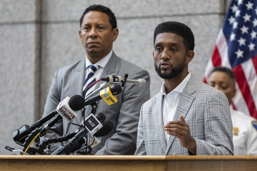Baltimore Mayor Brandon Scott speaks during a press conference about the murder of Pava LaPere at the Baltimore Police Department headquarters on Tuesday, Sept. 26, 2023 in Baltimore. LaPere, the founder of a successful Baltimore tech startup, was discovered dead after being reported missing on Monday, Sept. 25.