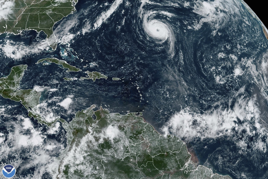 This Tuesday, Sept. 19, 2023, satellite image provided by the National Oceanic and Atmospheric Administration shows Hurricane Nigel gathering strength in the Atlantic Ocean.