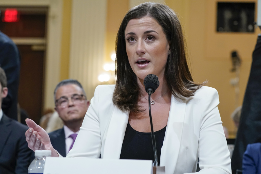 FILE - Cassidy Hutchinson, former aide to Trump White House chief of staff Mark Meadows, testifies as the House select committee investigating the Jan. 6 attack on the U.S. Capitol holds a hearing at the Capitol in Washington, June 28, 2022.