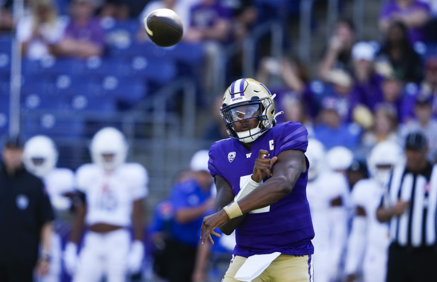 Washington quarterback Michael Penix Jr. throws against Tulsa during the first half of an NCAA college football game Saturday, Sept. 9, 2023, in Seattle.
