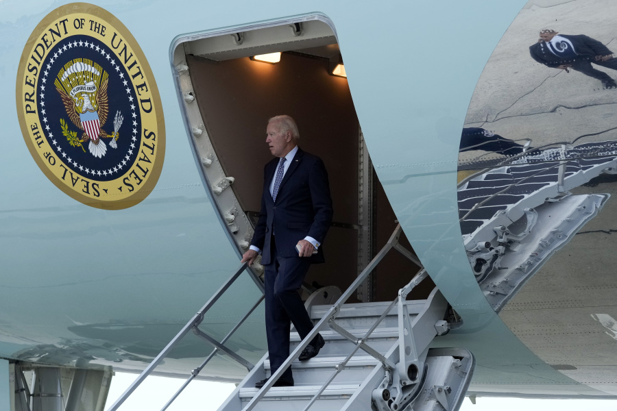 FILE - President Joe Biden walks down the steps of Air Force One at John F. Kennedy International Airport in New York, Sept. 17, 2023. Biden is in New York to attend the United Nations General Assembly and fundraisers.