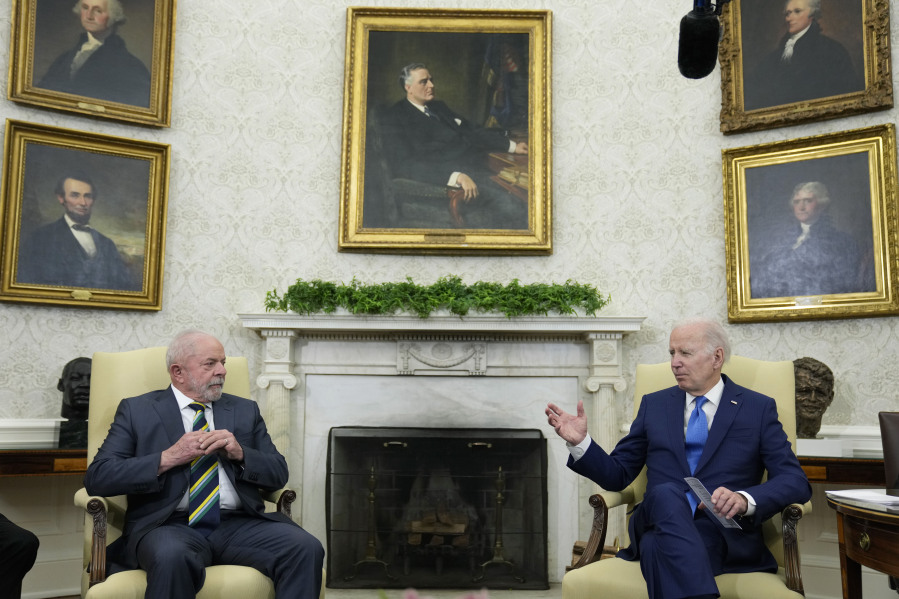 FILE - President Joe Biden speaks during a meeting with Brazil's President Luiz Inacio Lula da Silva in the Oval Office of the White House, in Washington, Feb. 10, 2023.