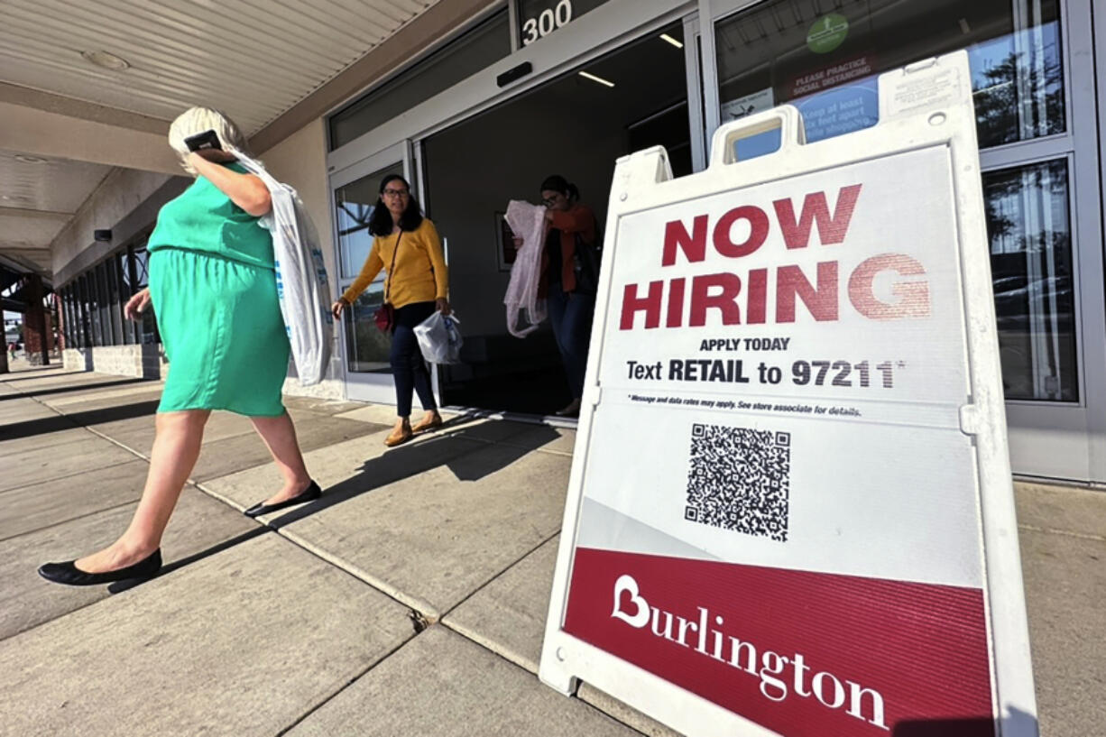 A hiring sign is displayed at a retail store in Vernon Hills, Ill., Thursday, Aug. 31, 2023. On Thursday, the Labor Department reports on the number of people who applied for unemployment benefits last week(AP Photo/Nam Y.