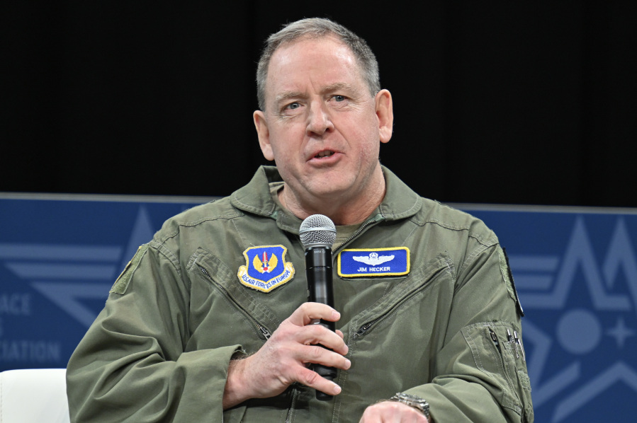 In this photo provided by the U.S. Air Force, Gen. James Hecker, commander of U.S. Air Forces in Europe, speaks at the Air and Space Forces Association 2023 Warfare Symposium in Aurora, Colo., March 8, 2023. The U.S. is making precautionary plans to evacuate two key drone and counter-terror bases in Niger if that becomes necessary under the West African nation's new ruling junta. That word came Friday from the Air Force commander for Africa, Gen. James Hecker. (Eric Dietrich/U.S.