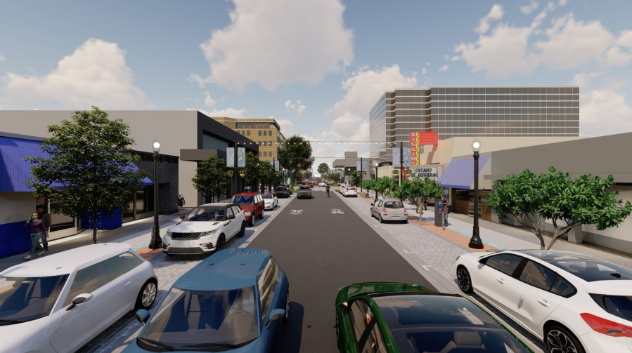A rendering from a city of Vancouver video showing what Main Street in downtown Vancouver will look like after the completion of the Main Street Promise project. The project will extend sidewalks, level the street height with the sidewalk height, install pedestrian lighting and enhance crosswalks.