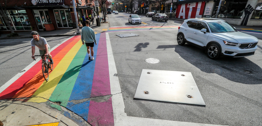 At the rainbow crosswalks in Midtown Atlanta, metal plates had to be installed in the intersection after back-to-back weekends of street takeovers.