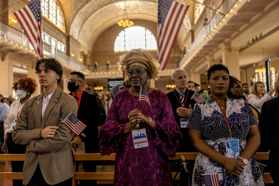 New US citizens attend the Naturalization Ceremony at Ellis Island for Citizenship Day with US Attorney General Merrick Garland in New York, on Sept. 17, 2022.
