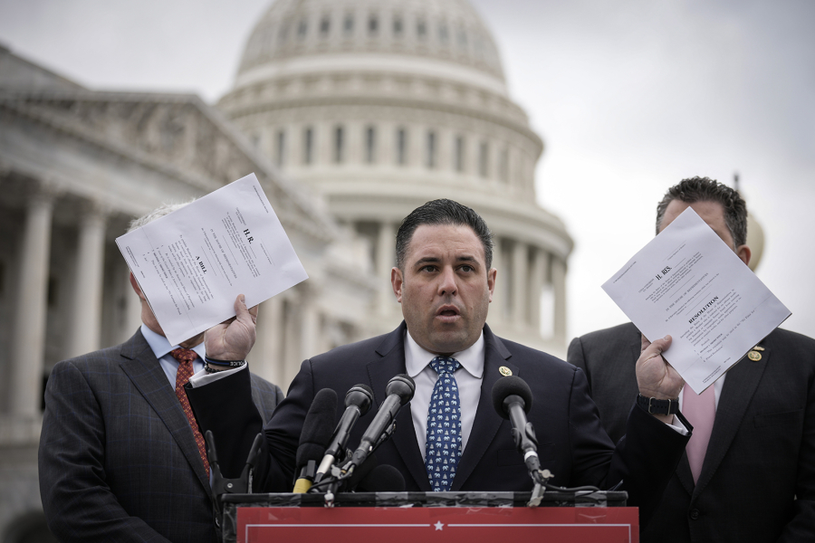 Rep. Anthony D'Esposito (R-NY) holds up copies of legislation he plans to introduce while speaking during a news conference outside the U.S. Capitol on March 7, 2023, in Washington, DC.