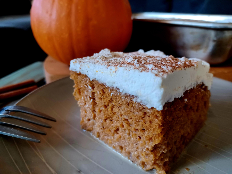 Sweet spongy and custard-like, the Domestic Rebel's pumpkin spice tres leches cake brings all the fall feels.