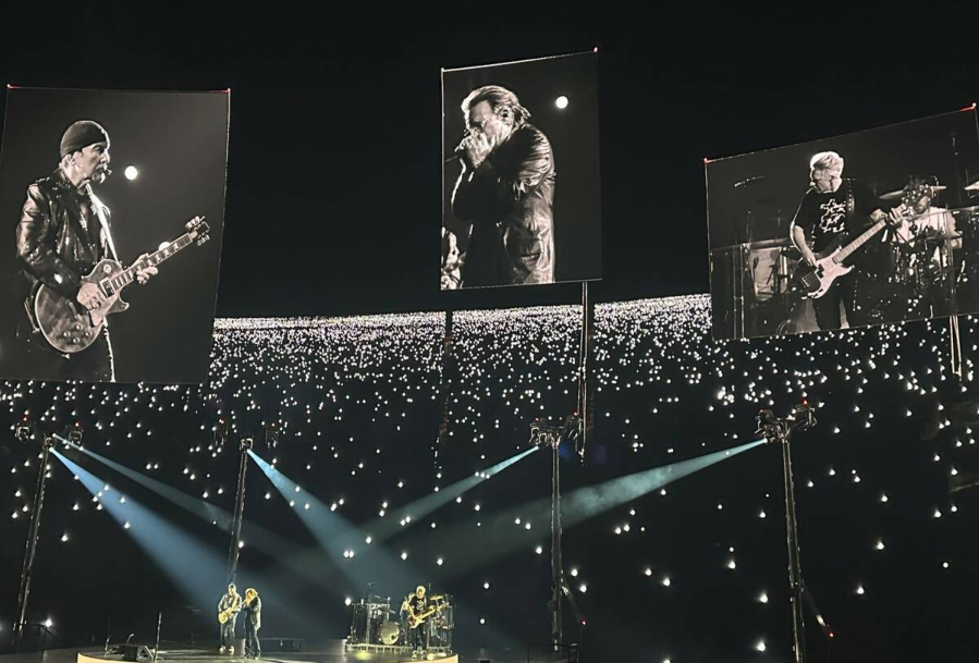 U2 is shown during the Sept. 29 premiere of "U2 UV: Achtung Baby" at the Sphere in Las Vegas.