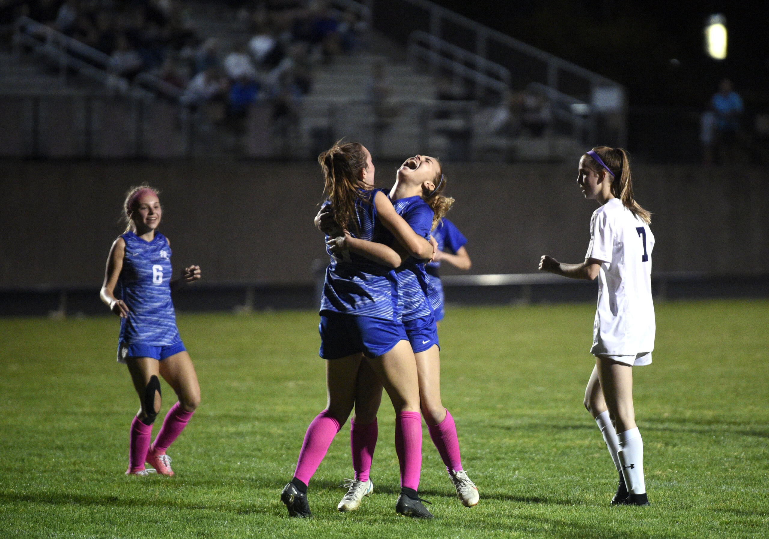 La Center’s Madisen Newbury, right, and Shaela Bradley, left, celebrate after Newbury scored a goal assisted by Bradley during a Trico League girls soccer match against Seton Catholic on Thursday, Oct. 5, 2023, at La Center High School.
