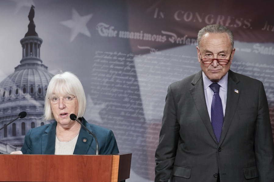 Senate Majority Leader Chuck Schumer, D-N.Y., right, listens as Appropriations Committee Chair Patty Murray, D-Wash., speaks during a press conference on President Biden's budget proposal on Thursday, March 9, 2023, on Capitol Hill in Washington.