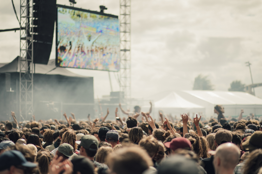 A crowd have fun at a music festival.
