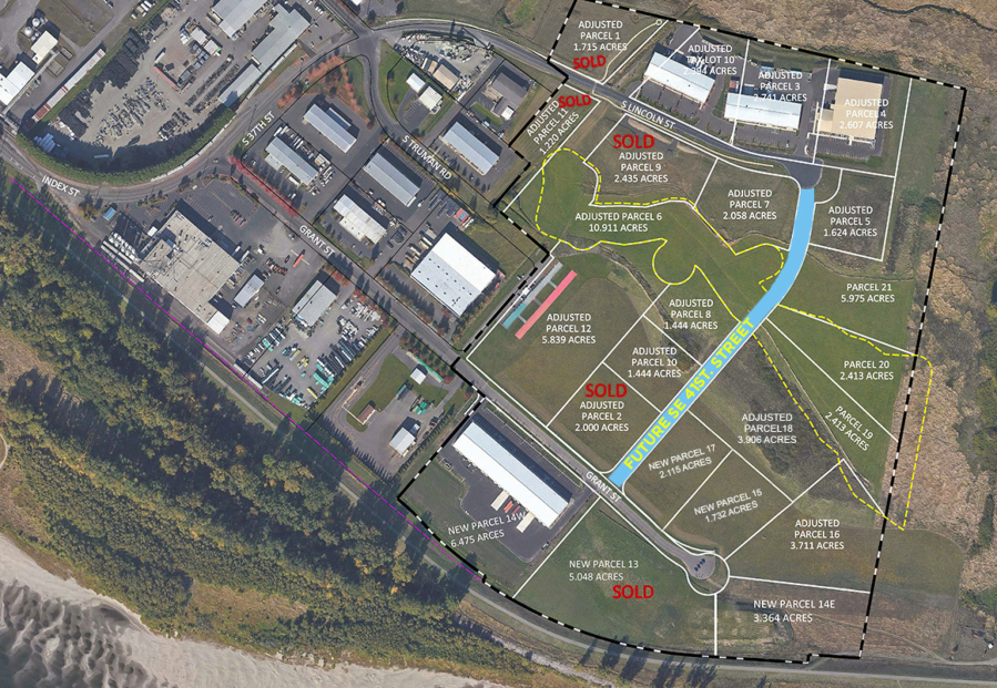 An overhead map of the Port of Camas-Washougal's industrial park shows the location of Lot 14E (bottom right), which has drawn a purchase offer from a California-based aerospace company.