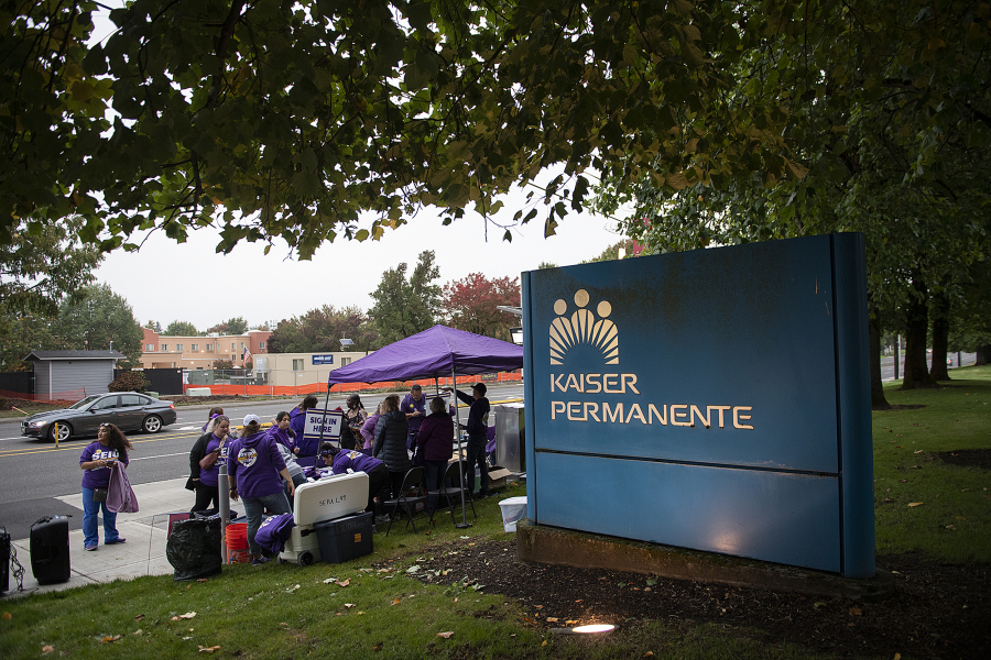Service Employees International Union member set up in front of the Kaiser Permanente's Cascade Park Medical Office on Mill Plain Boulevard on Wednesday morning. Members said they are fighting for livable wages and increased staffing.