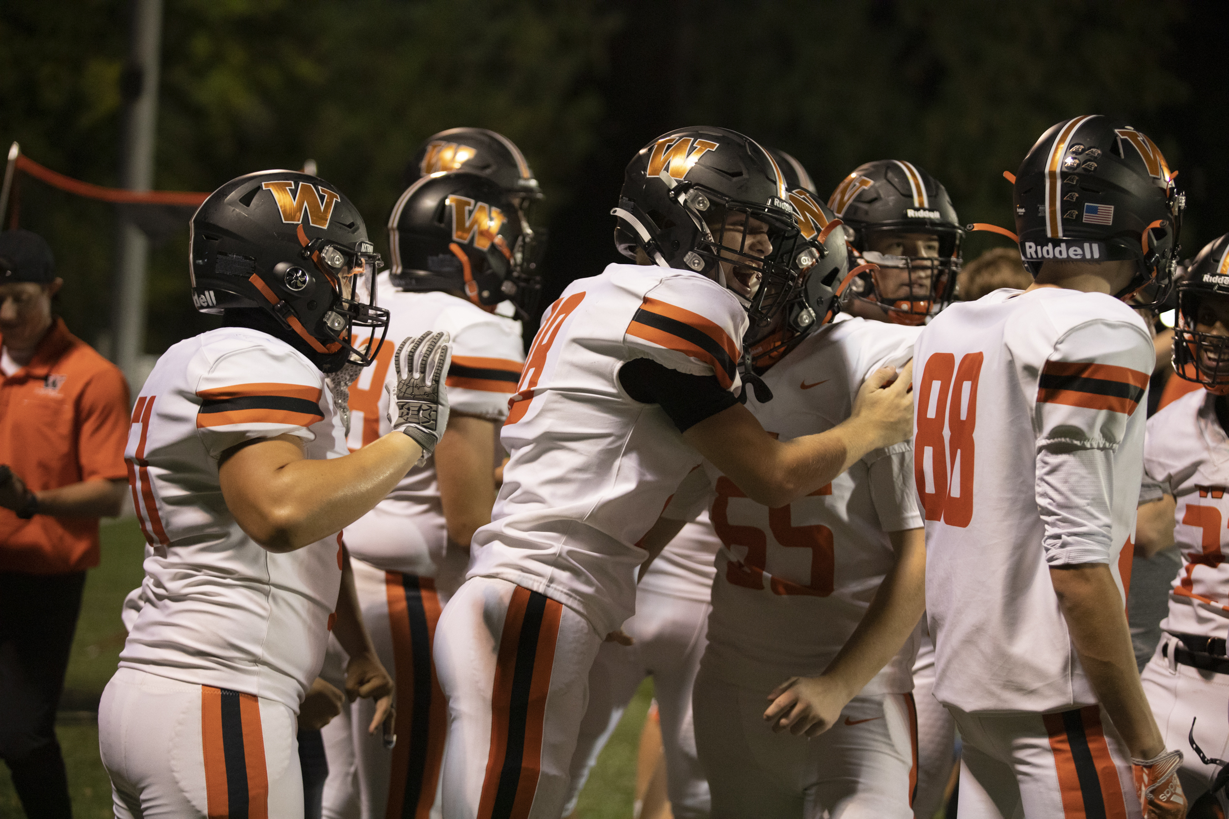 Washougal players celebrate a touchdown against Hudson’s Bay at Kiggens Bowl on Friday, Oct. 6, 2023.