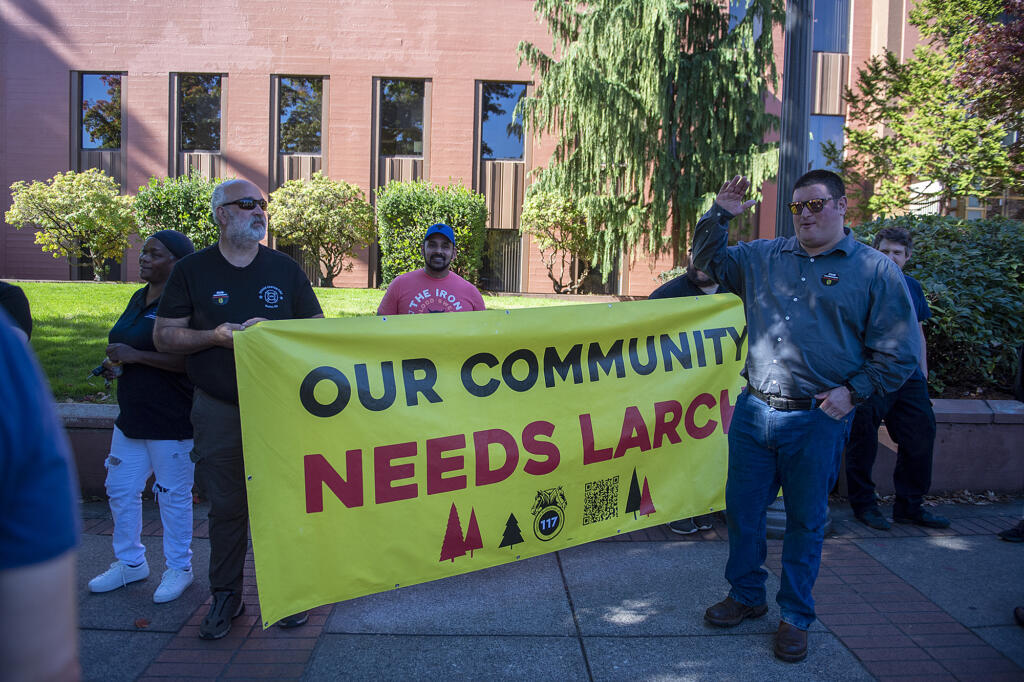Supporters rally outside the Clark County Courthouse after a hearing for a preliminary injunction concerning the closure of Larch Corrections Center on Friday afternoon, Oct. 6, 2023.