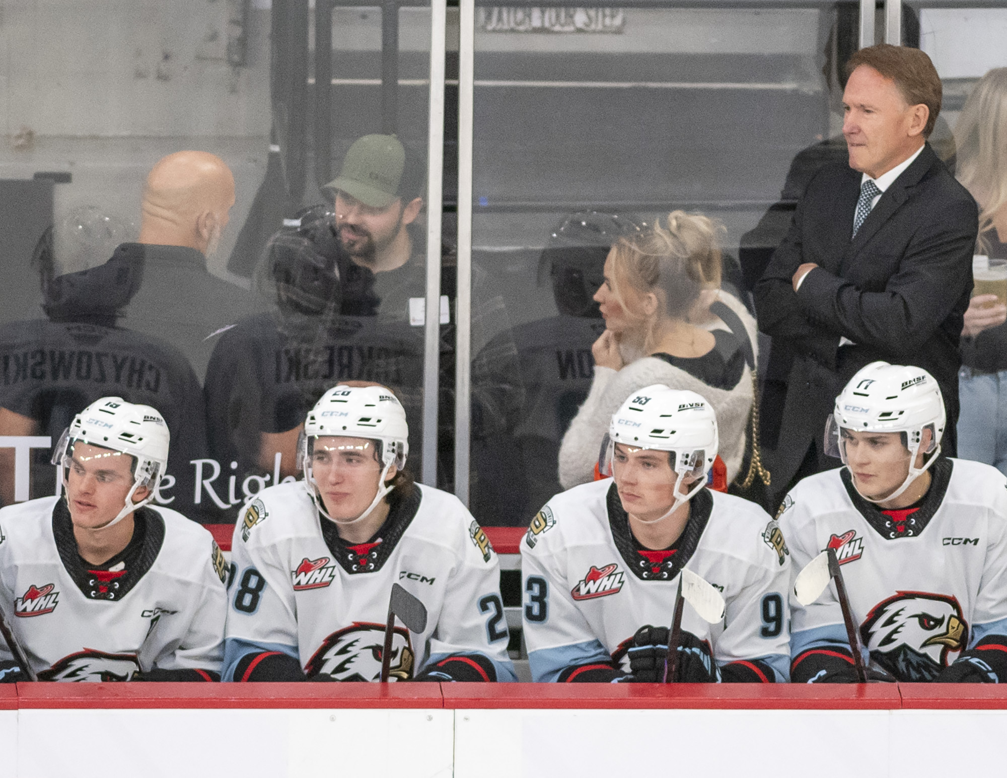 Portland Winterhawks head coach Mike Johnston, right, watches the game Wednesday, Oct. 18, 2023, during the Winterhawks’ 11-1 win against the Brandon Wheat Kings at Veterans Memorial Coliseum in Portland.