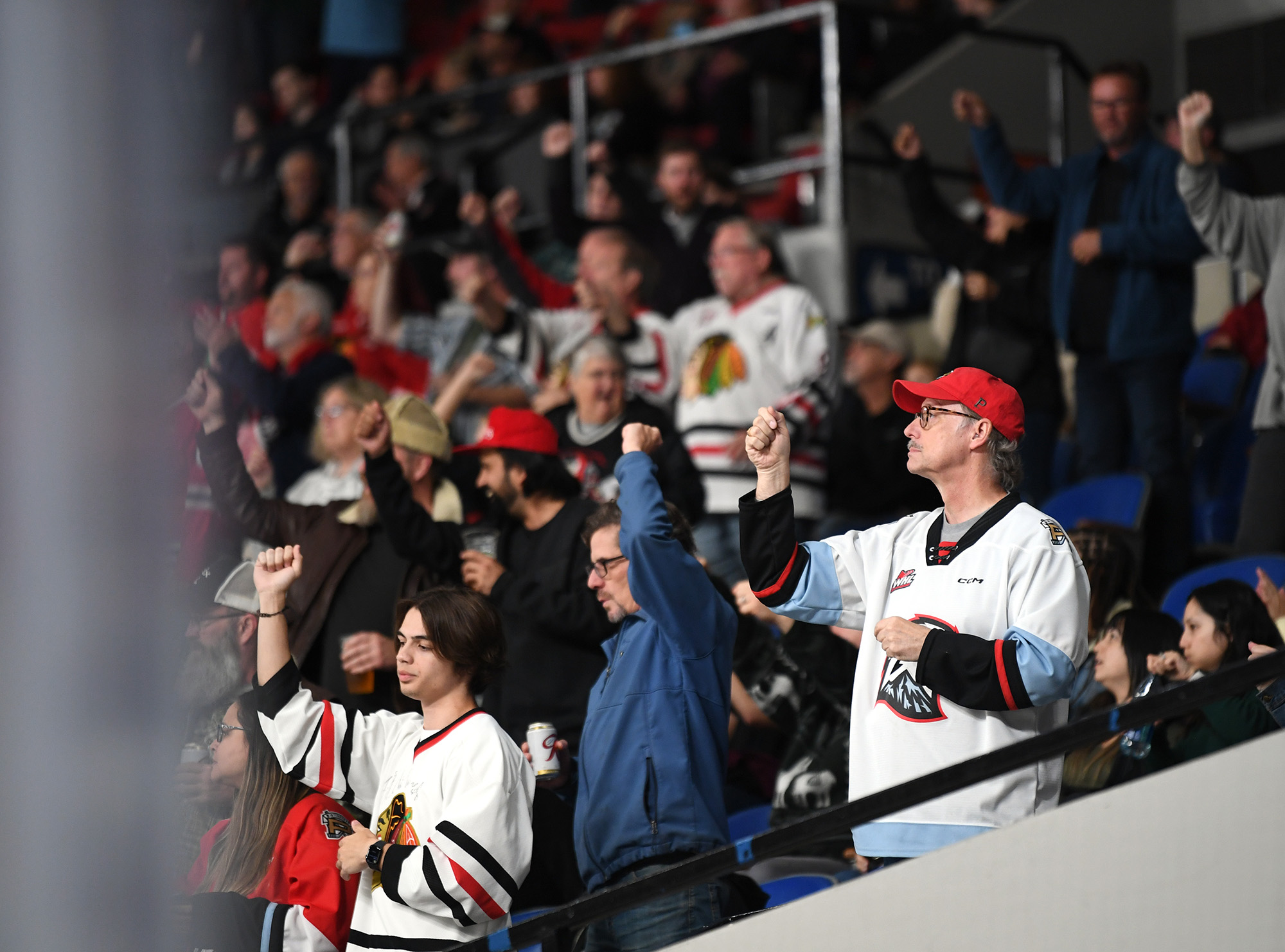 Fans celebrate a goal Wednesday, Oct. 18, 2023, during the Winterhawks’ 11-1 win against the Brandon Wheat Kings at Veterans Memorial Coliseum in Portland.