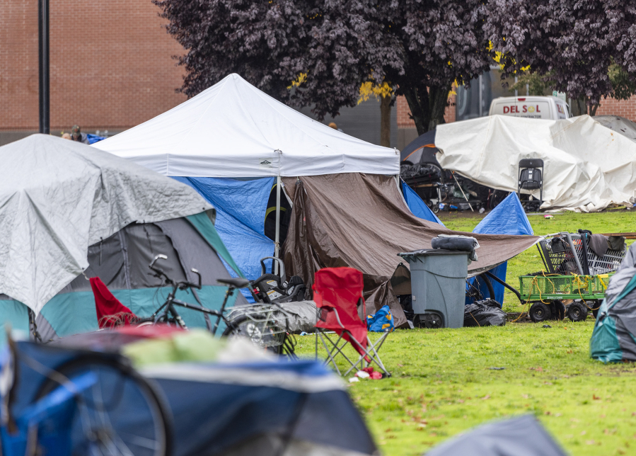 Tents and other shelters sit in a grassy field under light rain Monday on Esther Street.