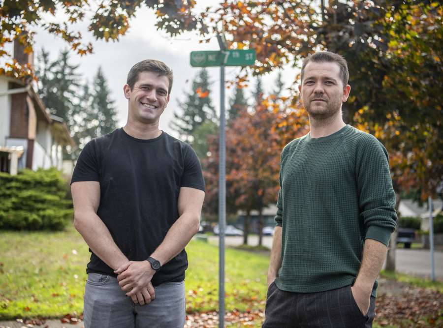 Filmmakers Joshua Dietrich, left, and Calvin McCarthy met as kids on Northeast Seventh Street in east Vancouver. They created 7th Street Productions when they were 11. Now in their 30s, they're making horror movies available on Amazon and other streaming platforms.