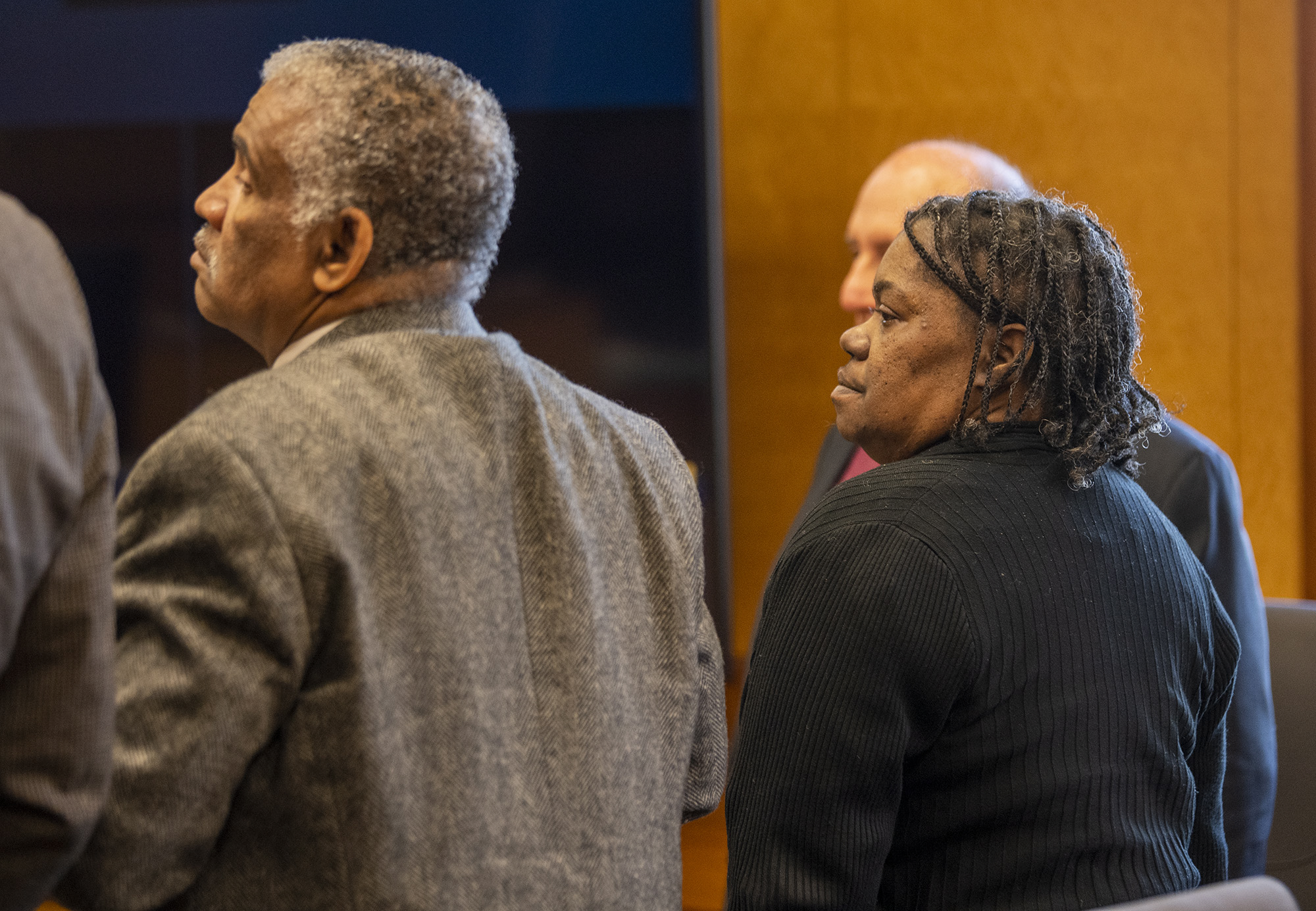 Defendants Felicia Adams, right, and Jesse Franks, left, stand as the jury enters the room Friday, Oct. 27, 2023, at the Clark County Courthouse. The jury found the pair guilty of homicide by abuse and murder in the 2020 death of their adopted son Karreon Franks.