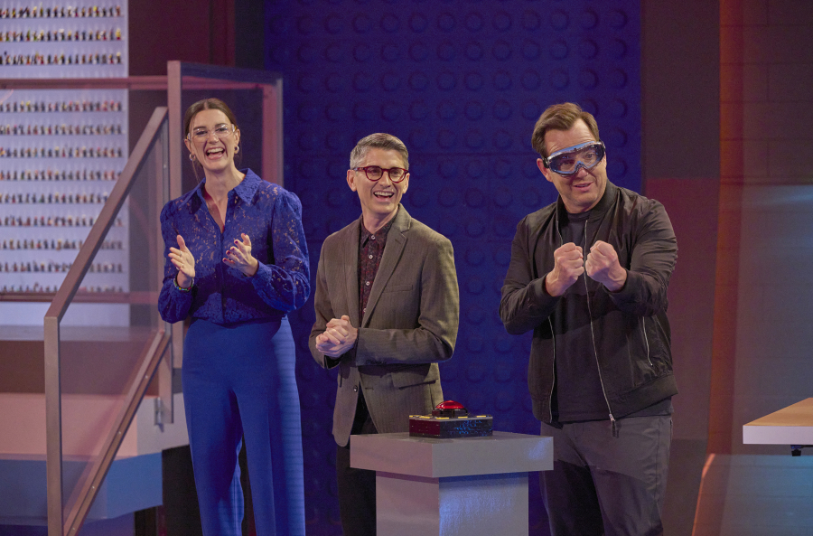 From left, judges Amy Corbett, Jamie Berard and Host Will Arnett in "Lego Masters." (Tom Griscom/FOX)
