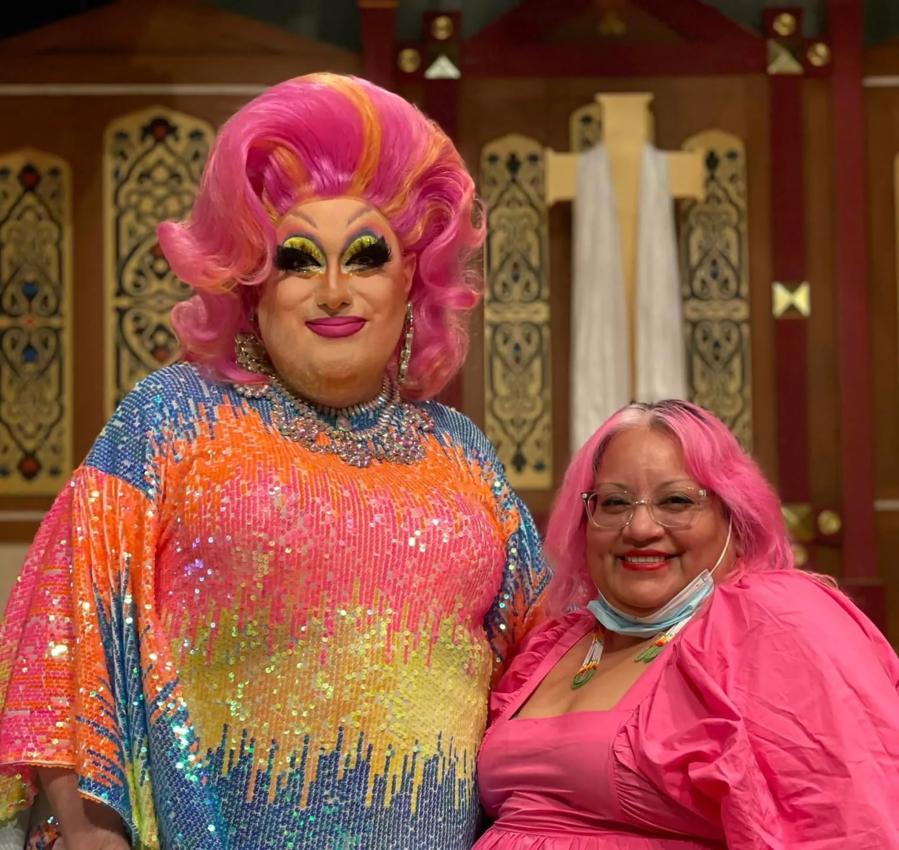 Drag queen minister Marge Erin Johnson, left, with Sandra Montes, dean of chapel at Union Theological Seminary in New York City.