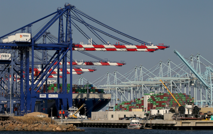 Container ships wait to be unloaded in the Port of Los Angeles on Friday, June 2, 2023. Accusations of disruptive tactics lie at the heart of a lawsuit that has caused the International Longshore and Warehouse Union to file for bankruptcy protection.