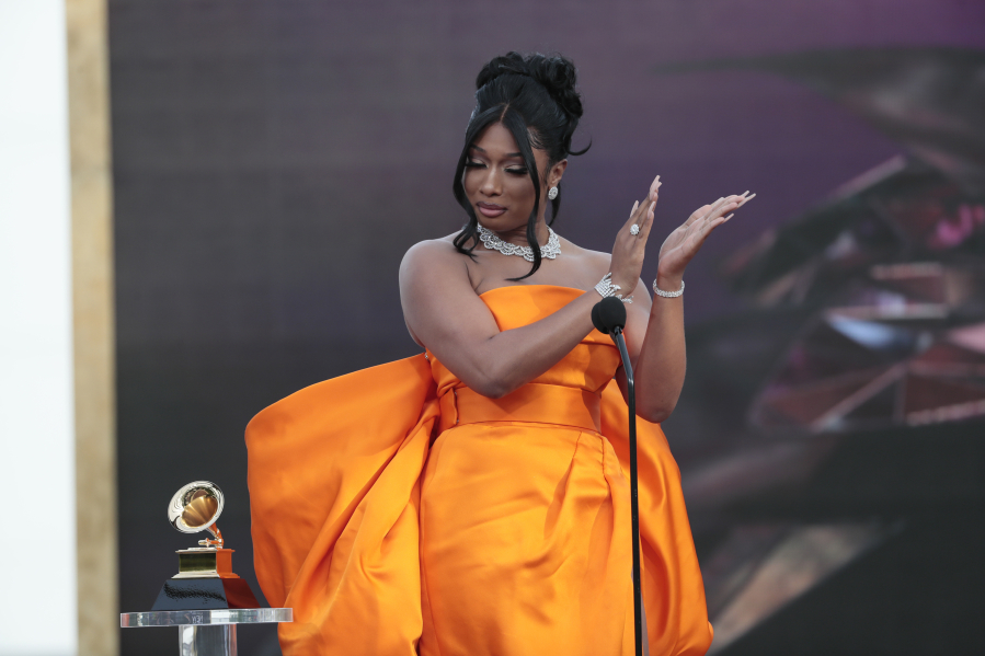 Megan Thee Stallion accepts the award for Best New Artist at the 63rd Grammy Awards outside Staples Center in Los Angeles in 2021.