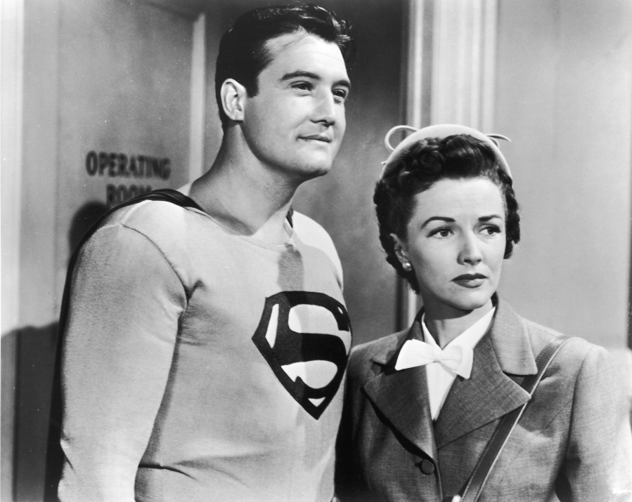 American actor George Reeves, as Superman, stands with Phyllis Coates, as Lois Lane, in a still from the television series, "Adventures of Superman," circa 1952. Coates died Wednesday. She was 96.