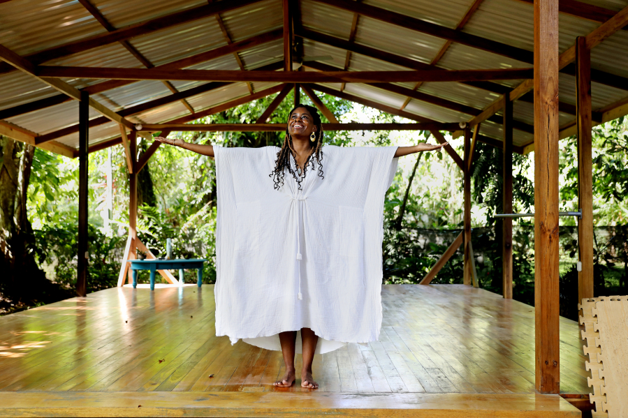 Jameelah Nuriddin, a native of Atlanta who has lived in Costa Rica for two years, poses for a photo at her shala, an outdoor yoga space, at her home on Friday, Aug. 25, 2023 in Cocles, Limon, Costa Rica.