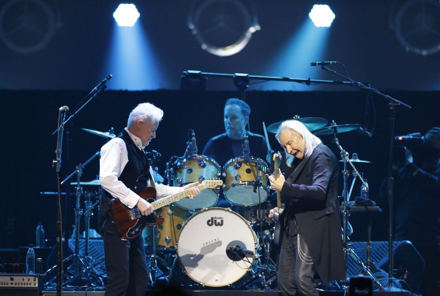 Don Henley, left, and Joe Walsh of the Eagles perform at the Wells Fargo Center in Philadelphia on March 28, 2022.