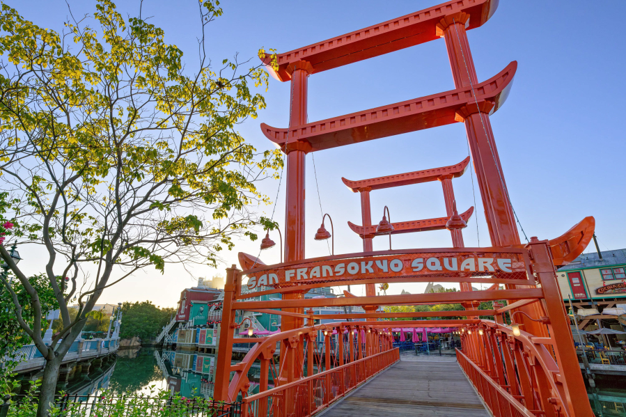The San Fransokyo Gate Bridge stands at the entrance to San Fransokyo Square at Disney California Adventure Park in Anaheim, Calif.
